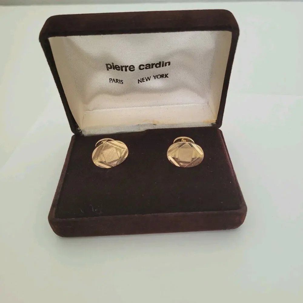Pierre Cardin Cufflinks Gold Tone Logo Oval Geometric Logo Vintage Retro Box‎